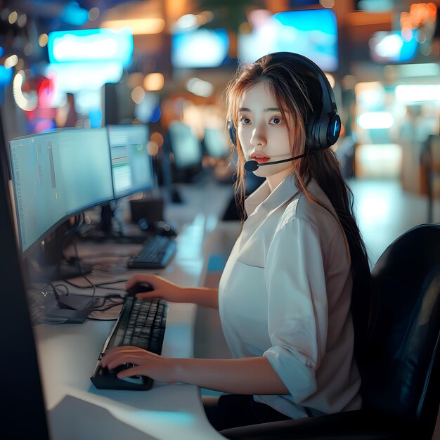 Woman call center agent wearing headset working in customer support office