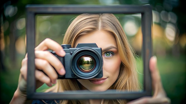 Photo woman in camera viewfinder