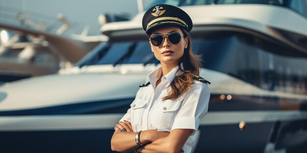 Woman captain standing proudly in front of a luxurious yacht challenging gender norms and highlighting the growing presence of women in traditionally maledominated industries AI Generative AI