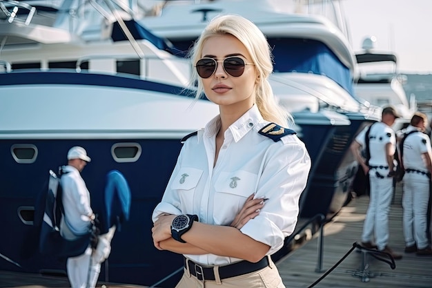 Woman captain standing proudly in front of a luxurious yacht challenging gender norms and highlighting the growing presence of women in traditionally maledominated industries Generative AI