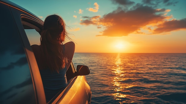 Woman in a car looking at the sunset over the ocean