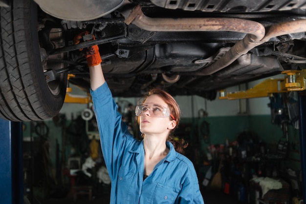 Woman car mechanic dressed in glasses and overalls repairs a car Turns the running gear with a key