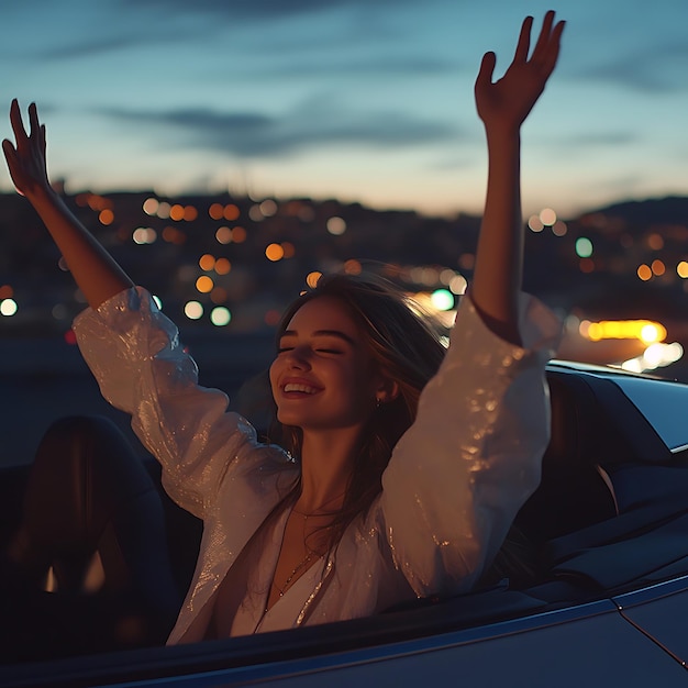 Photo woman in a car with her arms up in the air