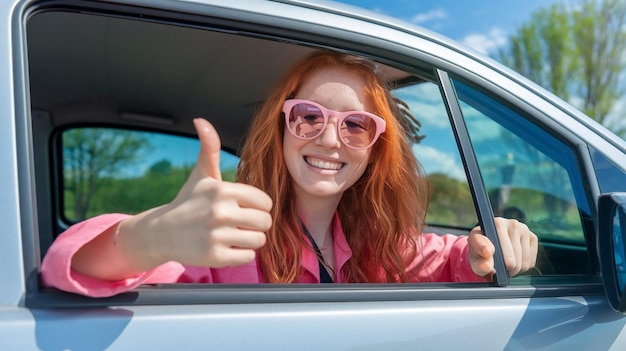 Photo a woman in a car with a thumbs up