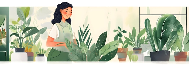 Woman caring her houseplants or working florist