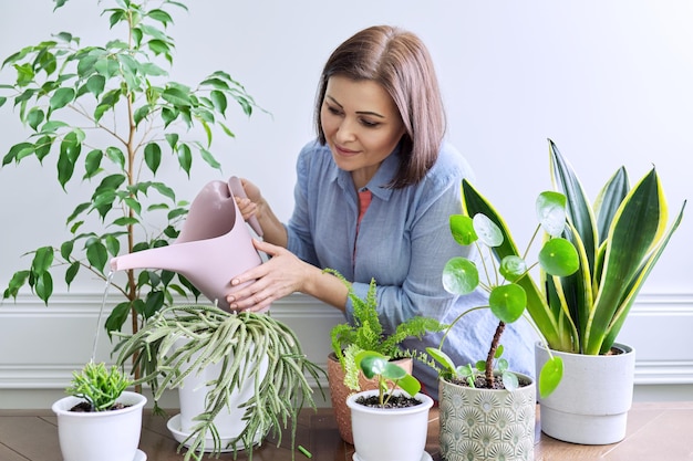 Woman caring for houseplants in pots watering plants from watering can