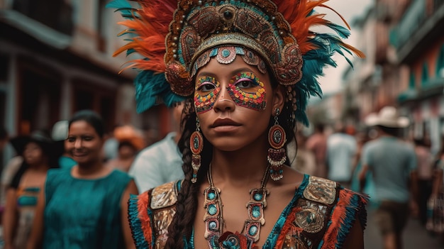 A woman in a carnival costume stands in a crowd.