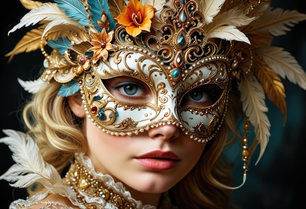 Photo a woman in a carnival mask with a blue and gold flower on her face