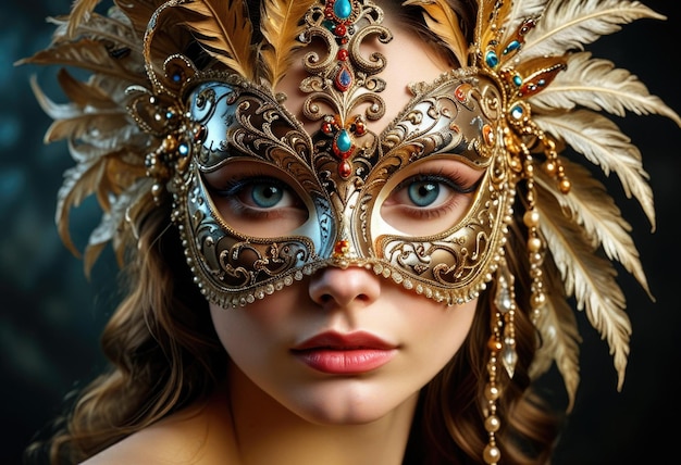 a woman in a carnival mask with a gold feather on her face