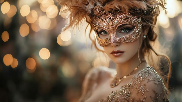 Photo a woman in a carnival mask with a gold mask on it