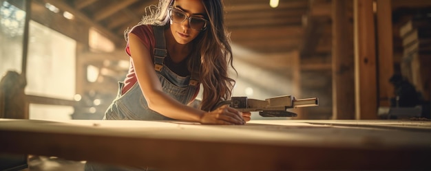 Woman carpenter using electric tool for cutting wood woman work with construction tools banner