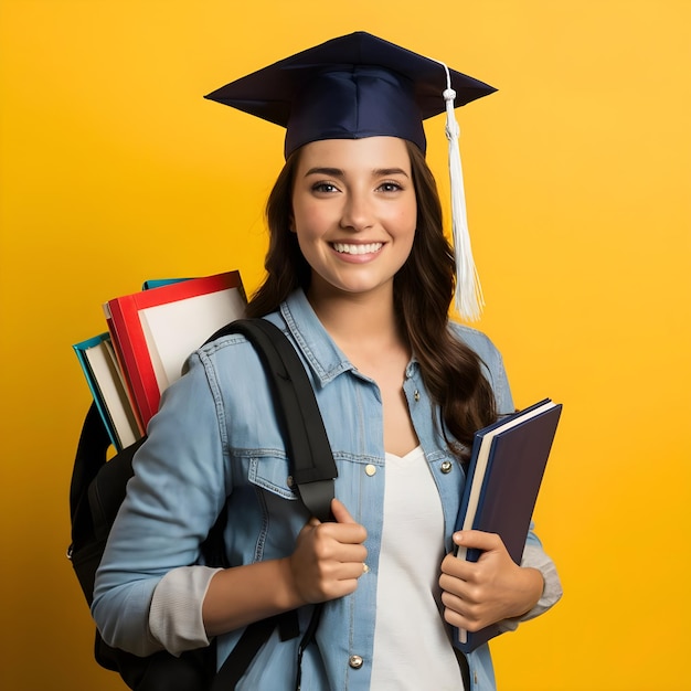 a woman carrying a book and a book on her back