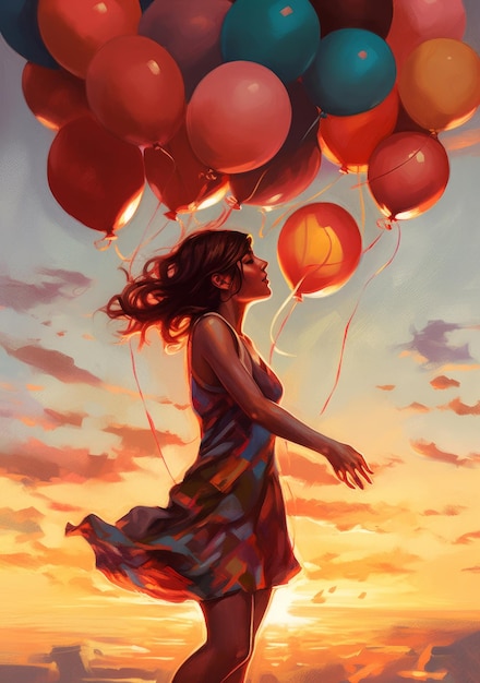 A woman carrying a bunch of balloons is shown in a painting.