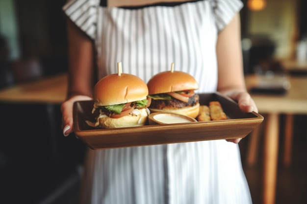 Woman carrying burger on wooden tray in a resturant