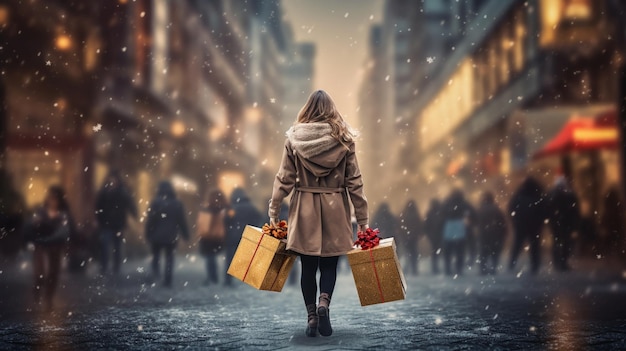 Woman carrying Christmas gifts walking down the street its Christmas time