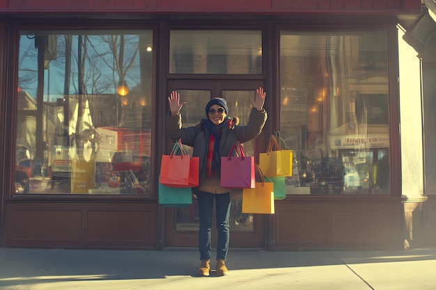 a woman carrying shopping bags in front of a store front