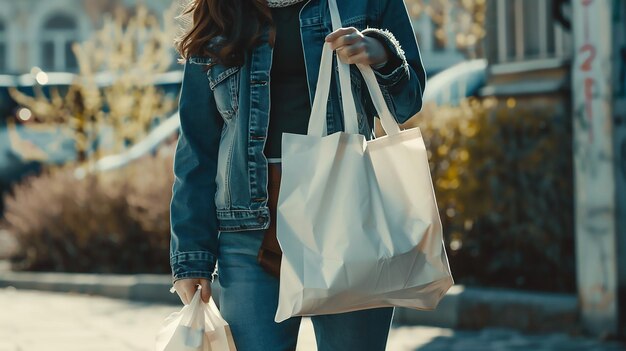 Photo woman carrying white reusable shopping bag