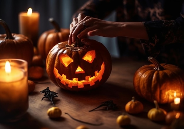 Woman carving Halloween pumpkin head jack lantern on wooden table closeup