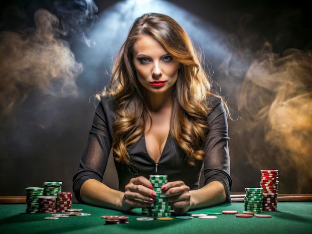 a woman in a casino playing poker with a red lip gloss