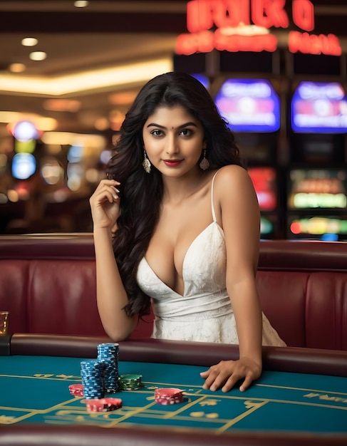 a woman in a casino with poker chips and a casino in the background