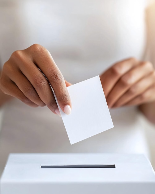 Photo woman casting vote with white ballot paper into secure box during election