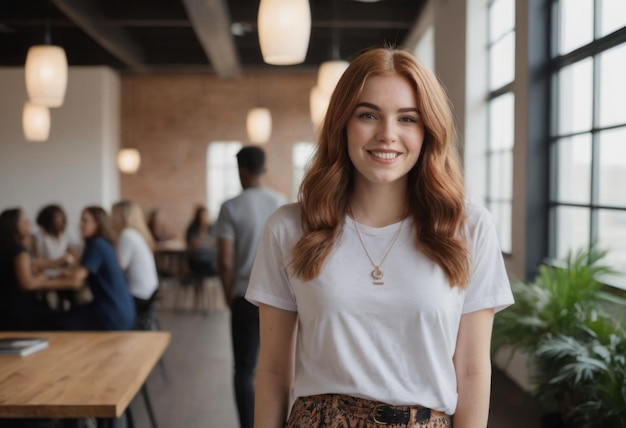 A woman in casual wear stands confidently in the office the business environment is active around