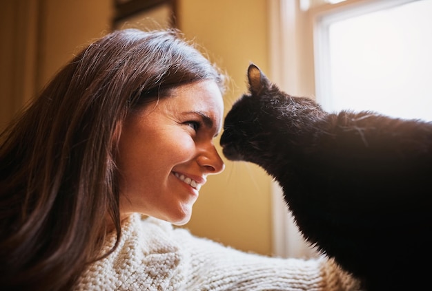 Woman cat and bonding for comfort in home scratch and support animal or companion for love on sofa Female person relax and calm in living room to stroke pet trust and connection for loyalty