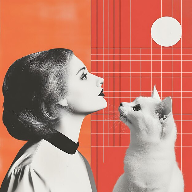 Photo woman and cat with red grid background