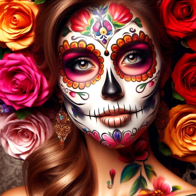 Woman celebrating Day of the Dead in Mexico traditional flowers and sugar skull background