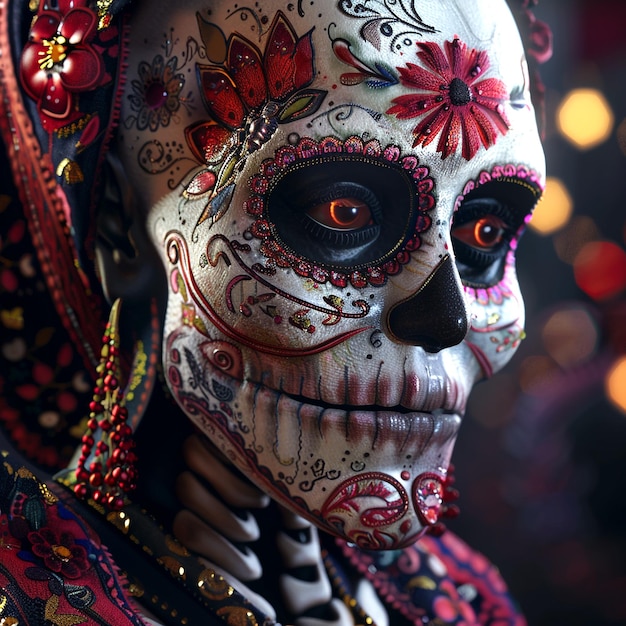 Woman celebrating Day of the Dead in Mexico traditional flowers and sugar skull background