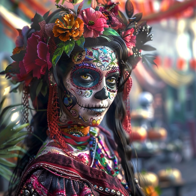 Woman celebrating Day of the Dead in Mexico traditional flowers and sugar skull background