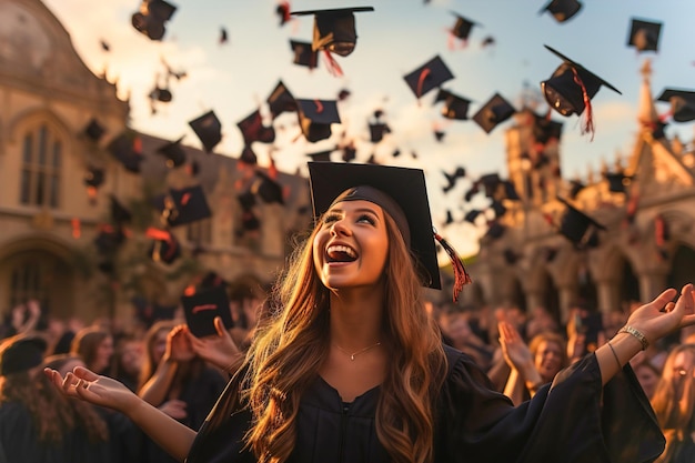 Woman celebrating her graduation in a cap and gown