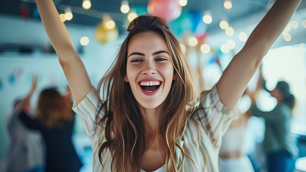 Woman Celebrating with Colleagues in Blurred Team Setting woman celebrating colleagues blurred team setting