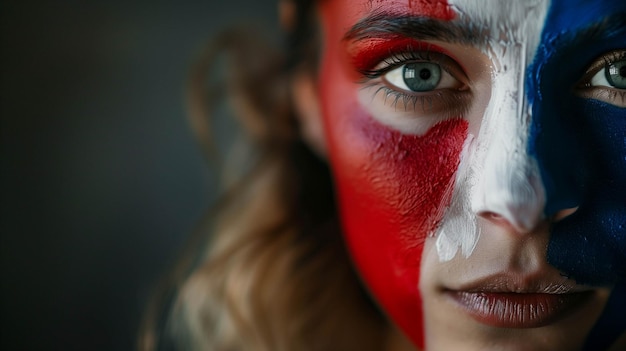 woman celebrating with the French flag painted on her face