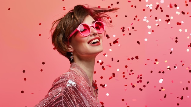 Photo woman celebrating with pink confetti