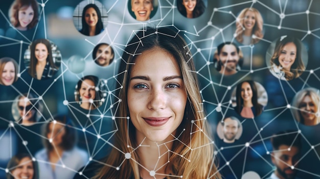 woman in the center surrounded by many smiling faces with digital connections connecting them all together