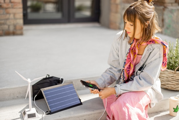 Woman charge phone from a portable solar panel