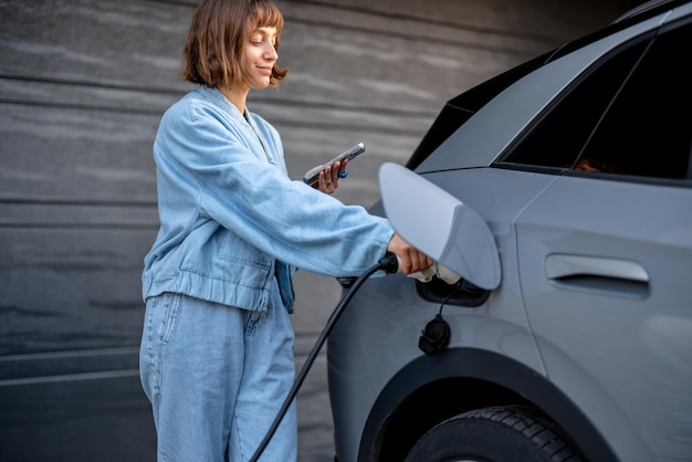 Woman charges her electric car near a house