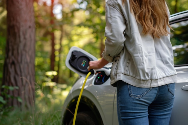 Woman charging electric automobile