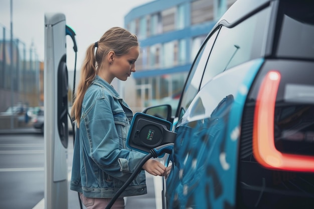 Woman Charging Electric Car at Green Energy Station