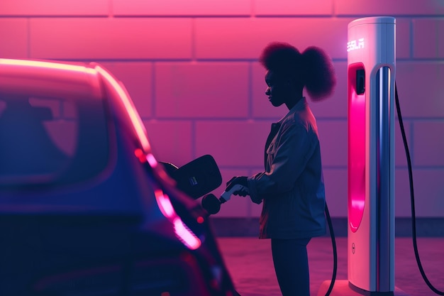 Woman Charging Electric Car at Green Energy Station