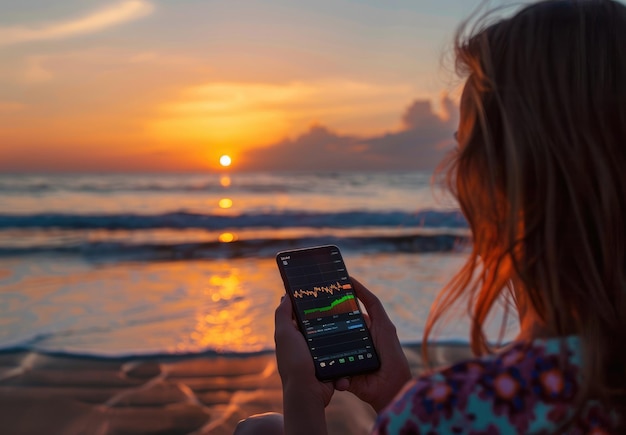 Woman Checking Financial Charts at Sunset Beach