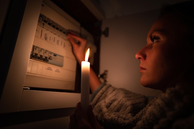 Photo woman checking fuse box at home during power outage or blackout no electricity concept