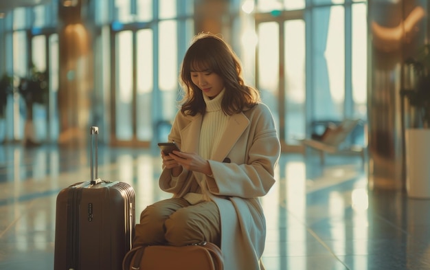 Woman Checking Her Phone Before Departure at the Airport