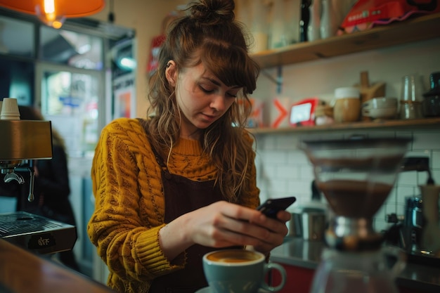 Photo woman checking her phone while putting coffee in a cup