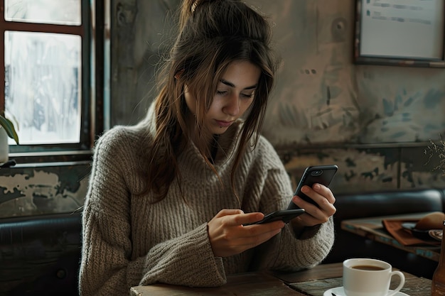 Woman checking her phone while putting coffee in a cup