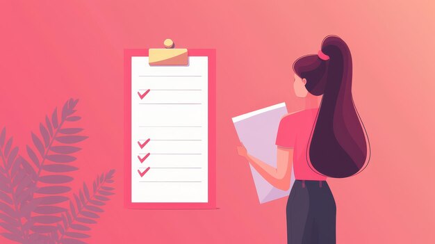 Photo woman checking a list on clipboard concept of organization productivity tasks management and planning vector illustration on pink background