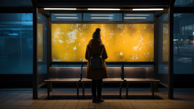 A woman checking the route at the bus stop while waiting