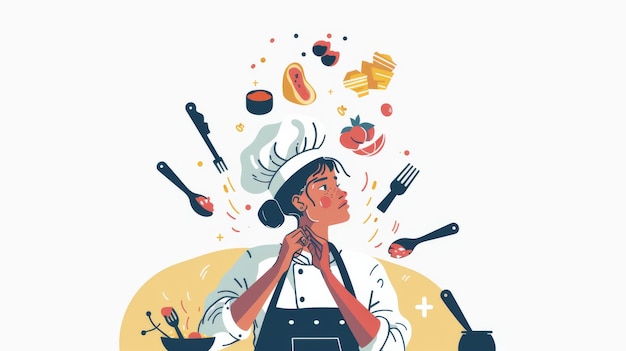 Photo a woman chef is cooking in a kitchen with many utensils and ingredients