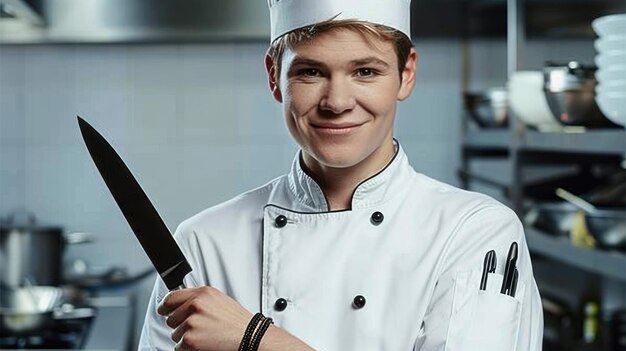 Photo a woman chef is holding a knife and smiling